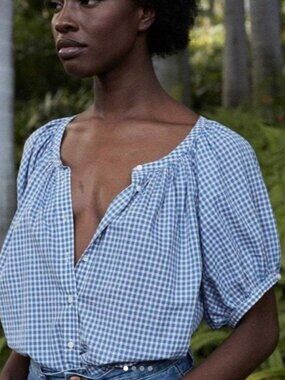 DÔEN June Top in Sky Somerset Plaid, M, EUC